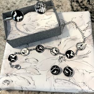 Black and white Stainless steel matching bracelet and earring set.